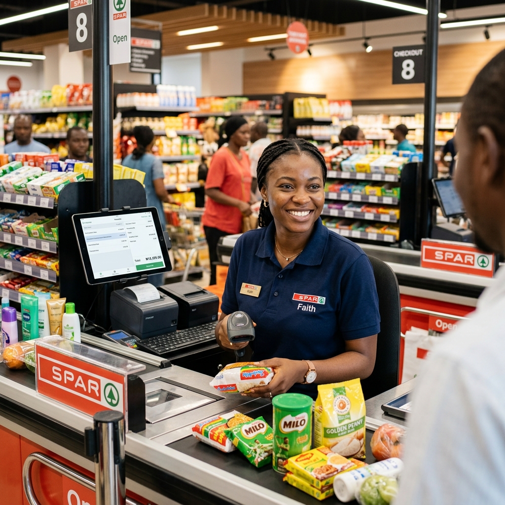 Busy modern checkout lane in a Nigerian supermarket