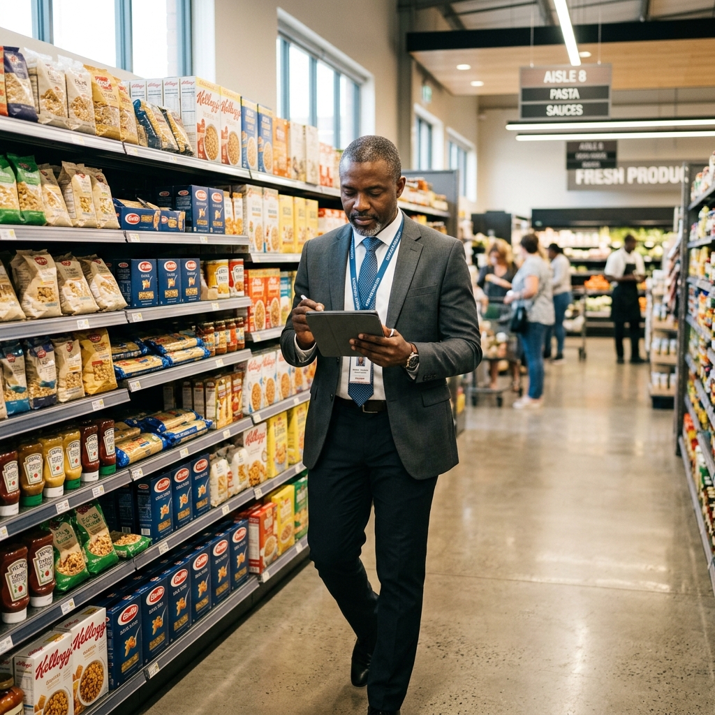 Black store manager walking supermarket aisle checking inventory details
