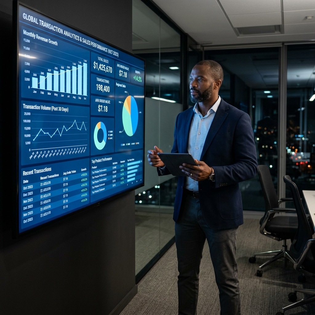 Black business professional reviewing real-time retail statistics charts