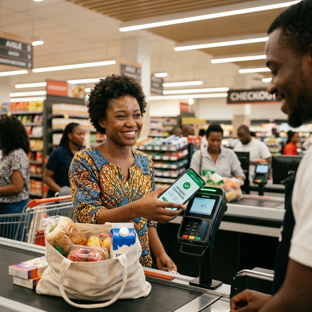 Black Nigerian shopper paying at supermarket checkout